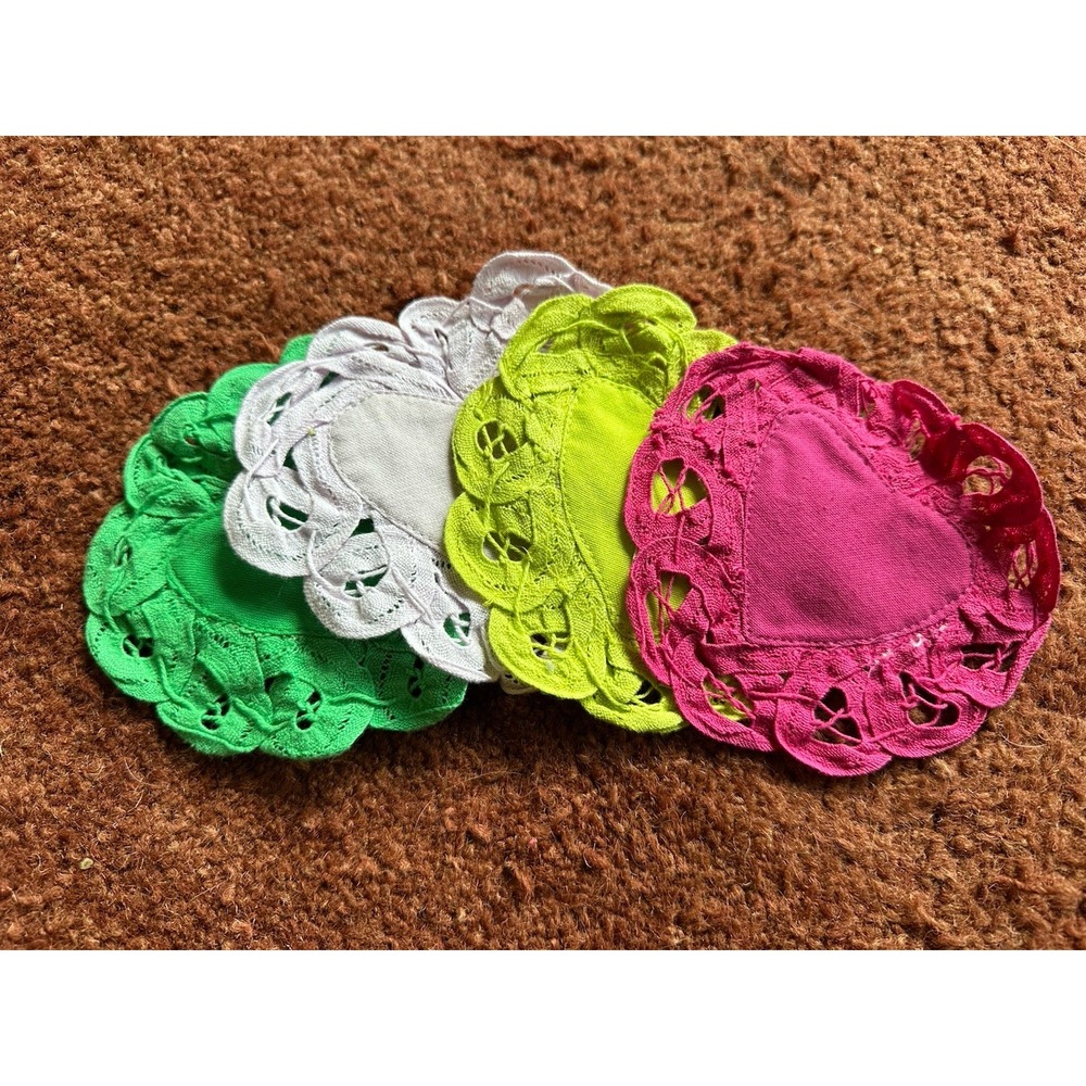 Anthropologie Pink Lilac Green Doilies Coasters Battenberg Heart Cotton Lace‎
